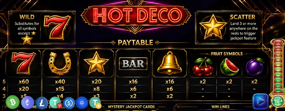 Hot Deco ödeme tablosu ve Jackpot Kartları